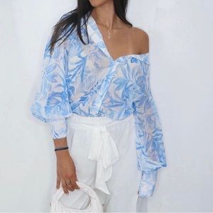 Sheer Button Top (Blue/White)